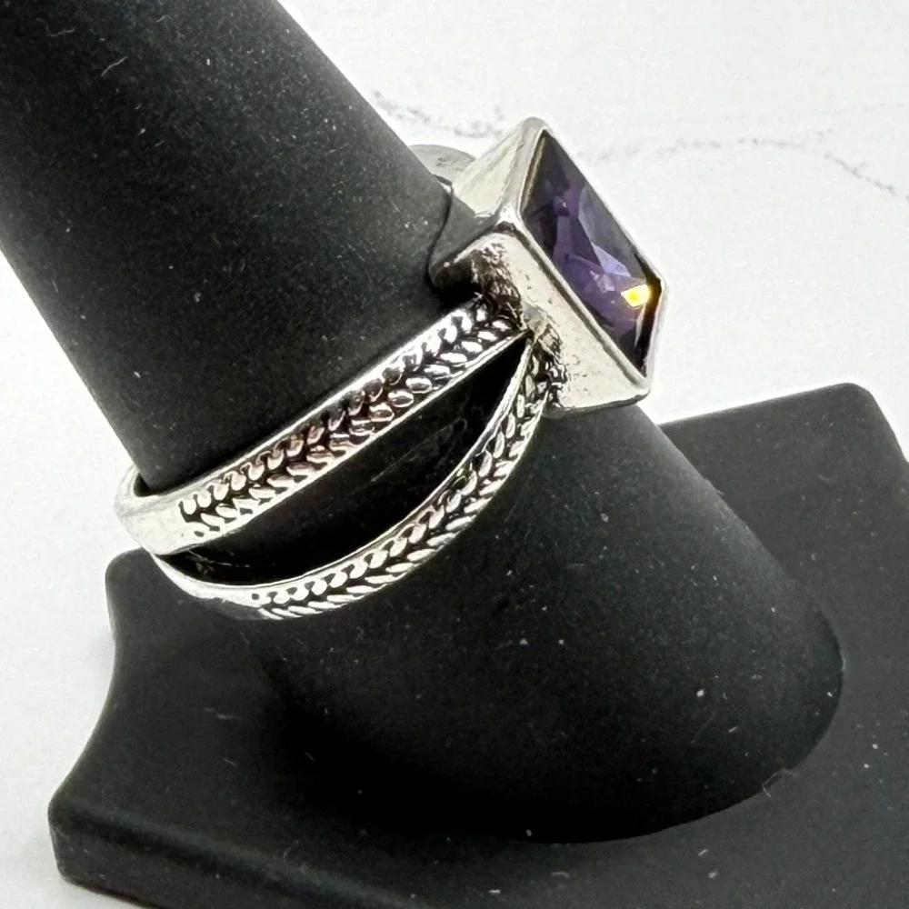 New Purple Glass Ring Stainless‎ Steel Double Band Ring Size 8.75